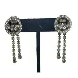 Vintage Rhinestone Earrings Clip Double Circle Long Dangle Bride Barbie Art Deco
